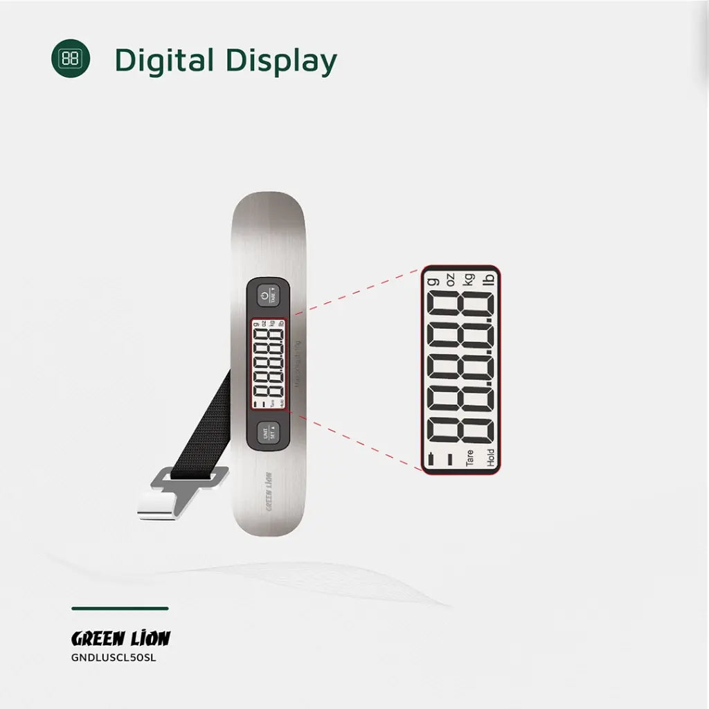 Green Lion digital scale hook attached to luggage handle showing 50kg capacity weighing in action
