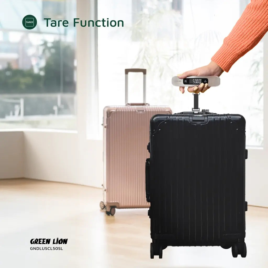 Green Lion luggage scale compact portable design showing auto-off and tare function buttons
