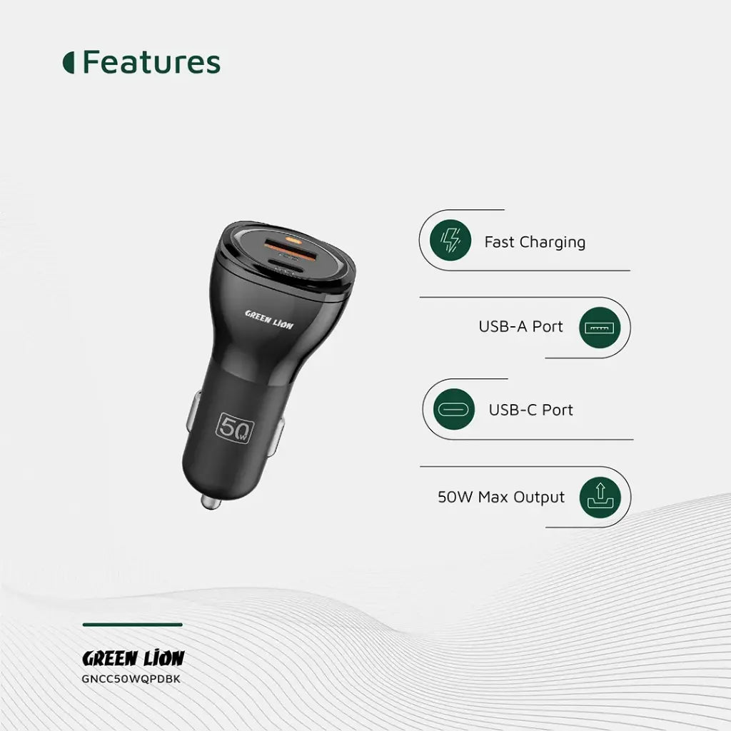 Green Lion 50W car charger with included 1m USB-C cable