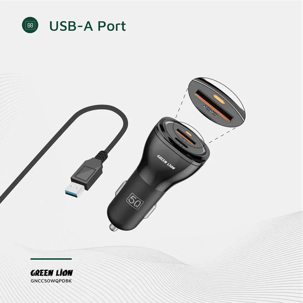 Green Lion 50W car charger plugged into car lighter socket