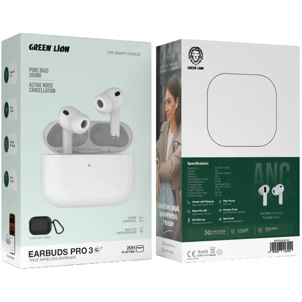 True wireless earbuds with charging case and ANC by Green Lion
