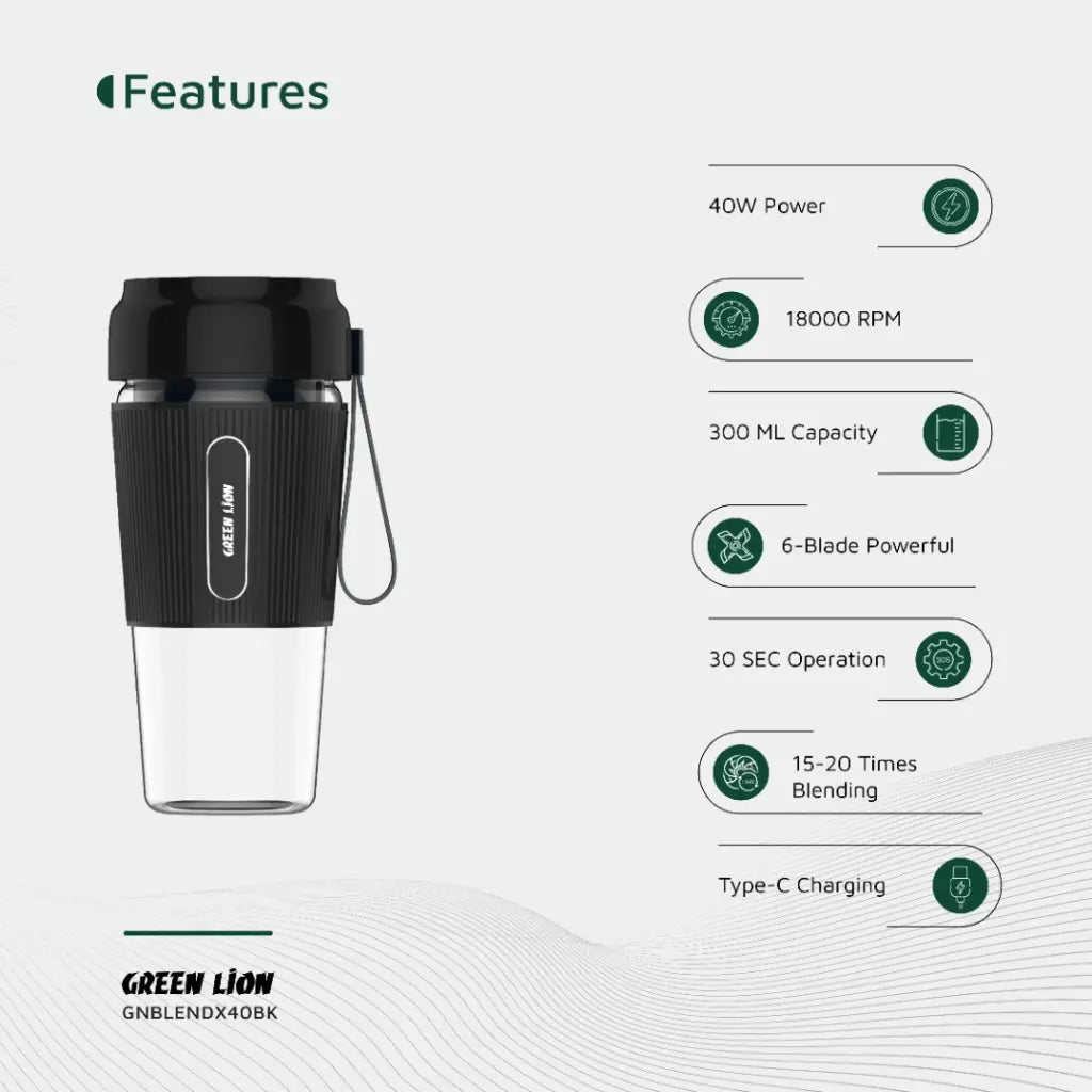 Portable Green Lion G-Blend X Juicer with detachable cup and USB charging.

