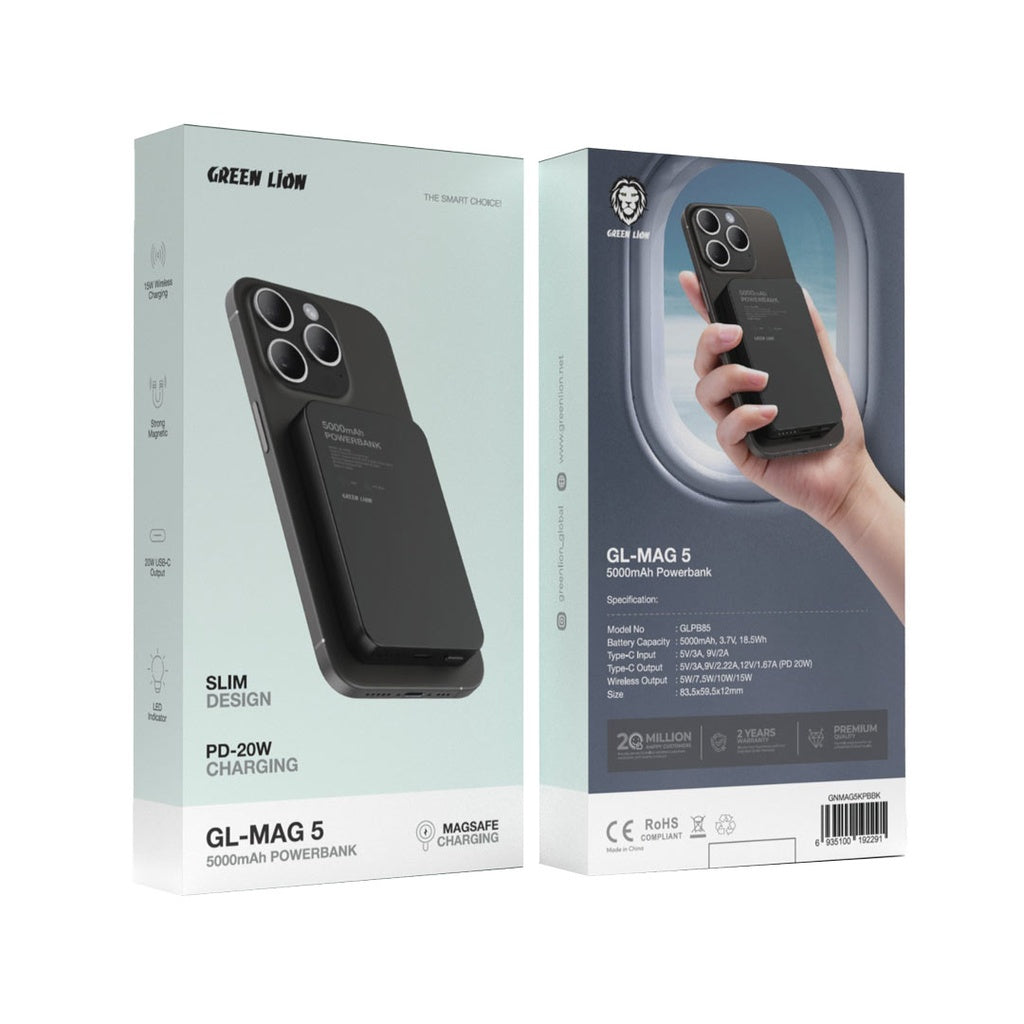 Green Lion GL-MAG 5 wireless power bank with magnetic attachment.
