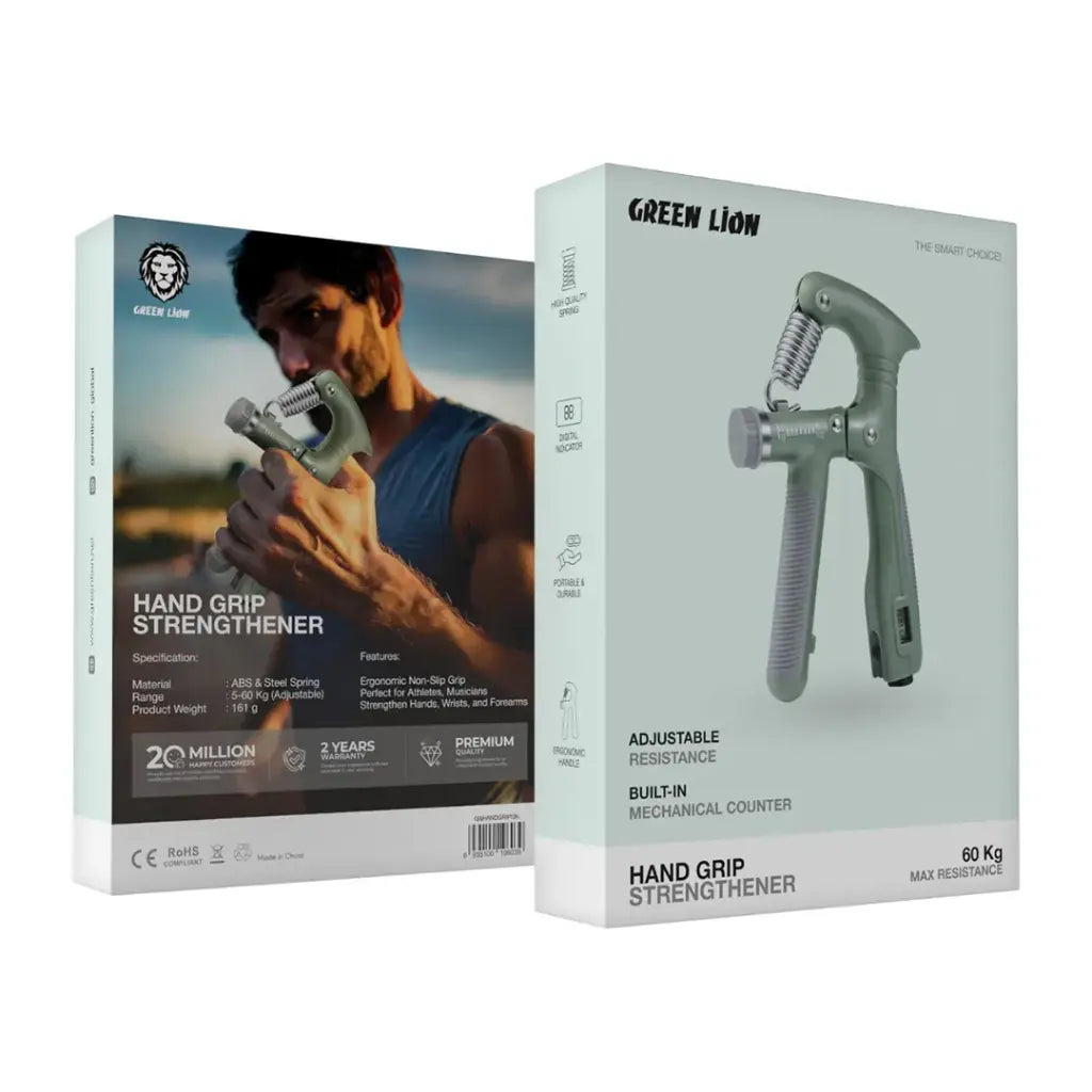 Green Lion hand gripper with built in rep counter and ergonomic handle
