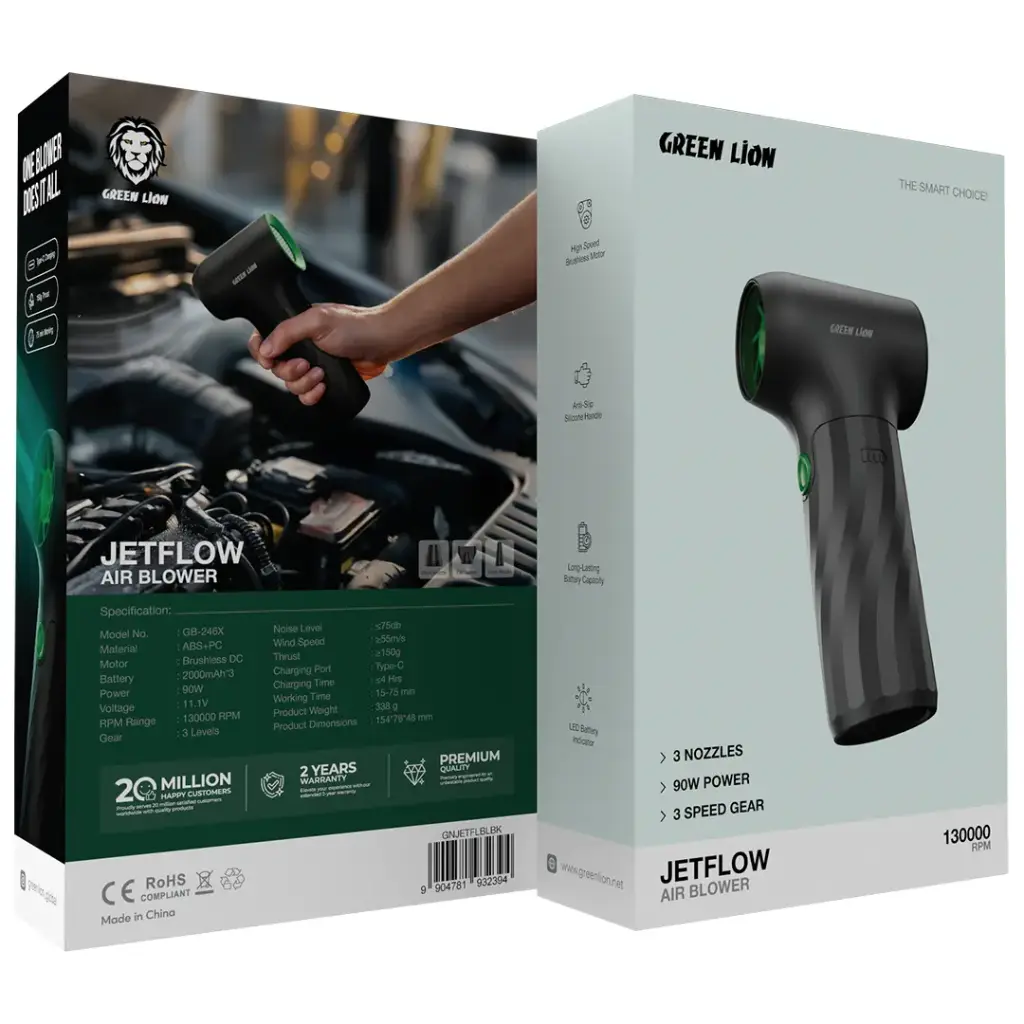 Green Lion JetFlow Air Blower Black – 3 nozzles, USB-C rechargeable