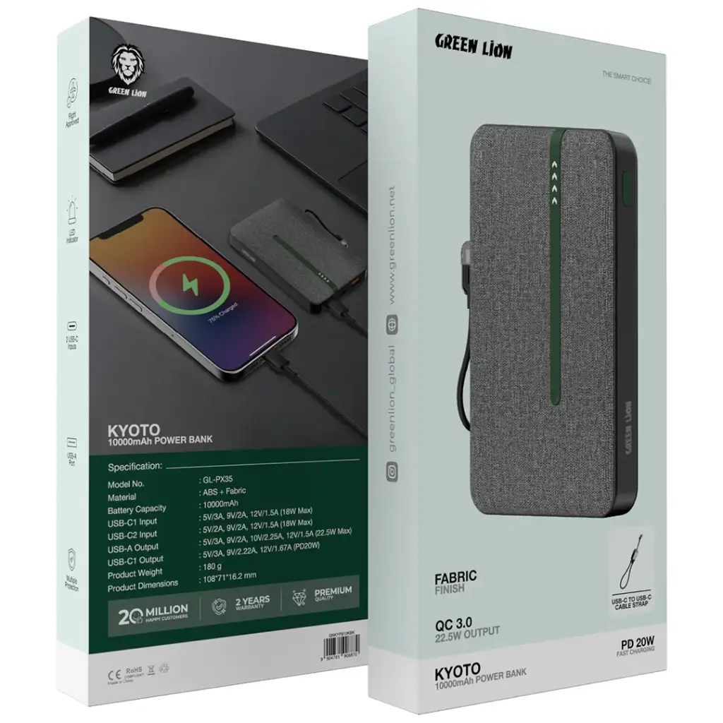 Fast Charging Portable 10000mAh Power Bank – with Dual Output Green Lion Kyoto