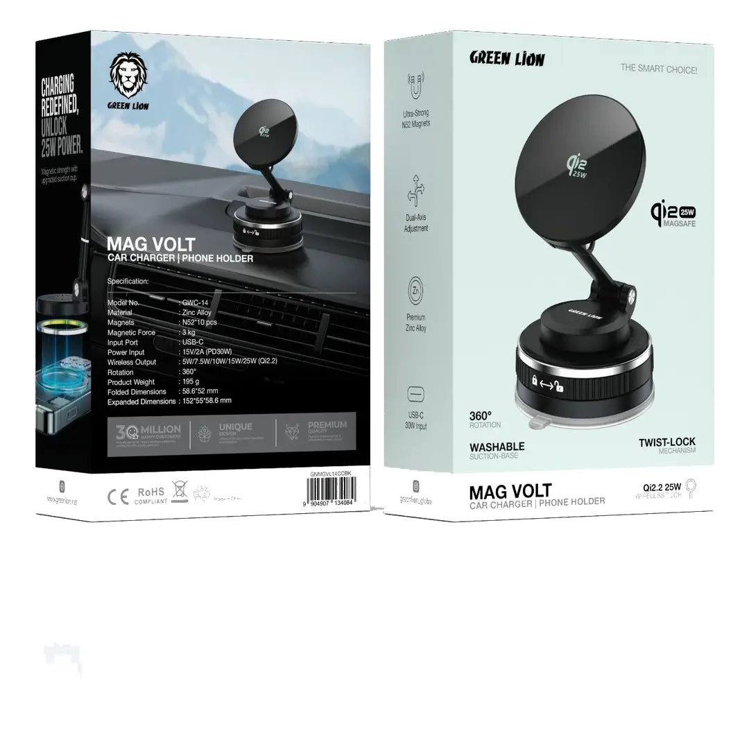 Green Lion Mag Volt Car Mount Black – N52 magnets, Qi2.2 wireless