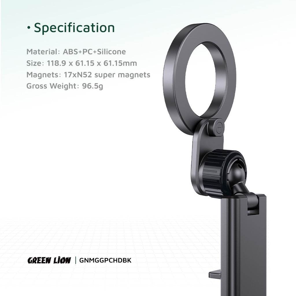 Green Lion MagSafe car holder with compact black design
