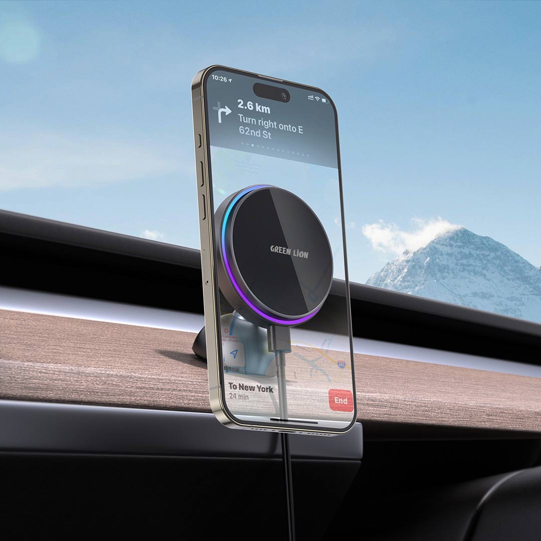 Green Lion MagPrime car charger iPhone snapped on magnetically
