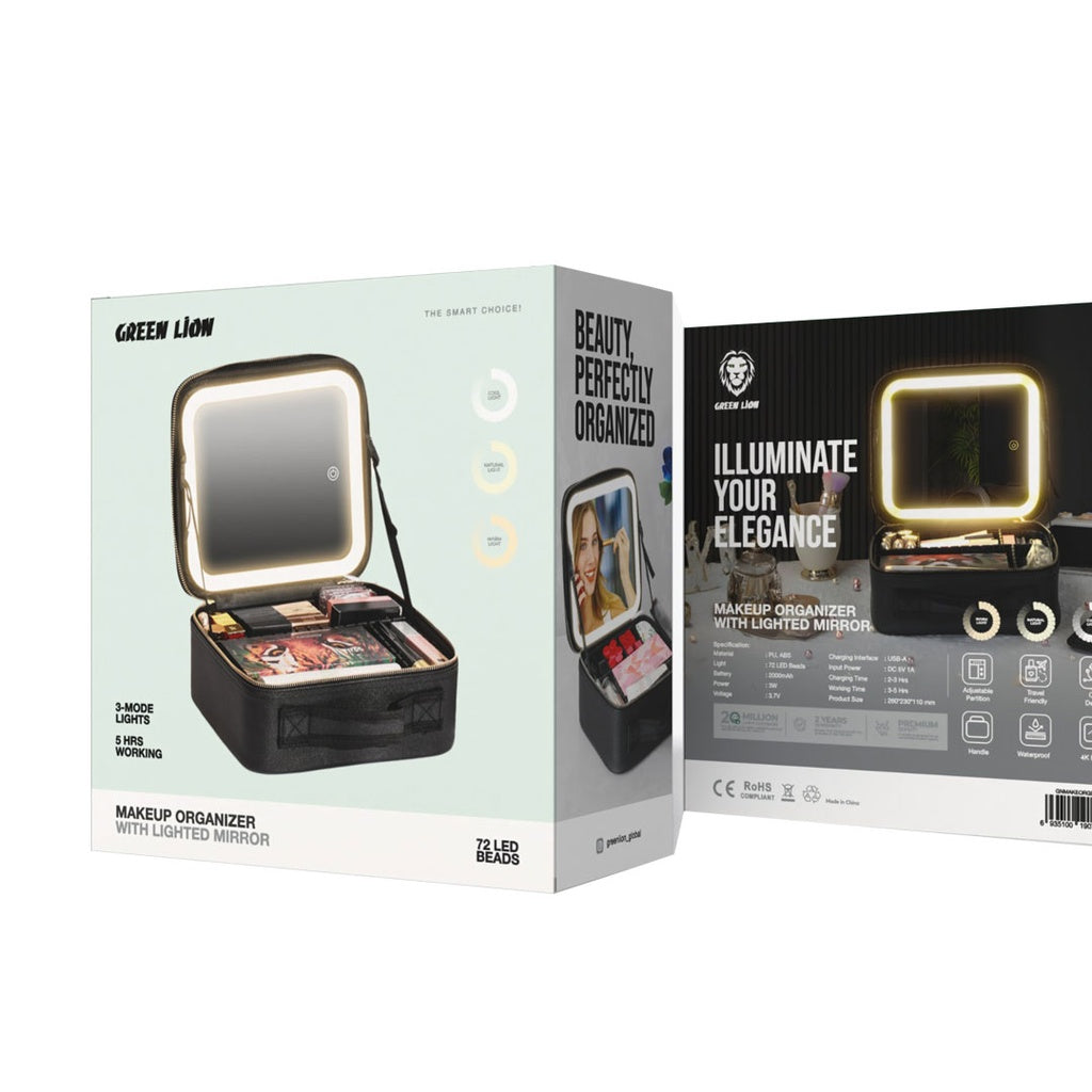 Green Lion makeup case – rechargeable LED mirror, waterproof build