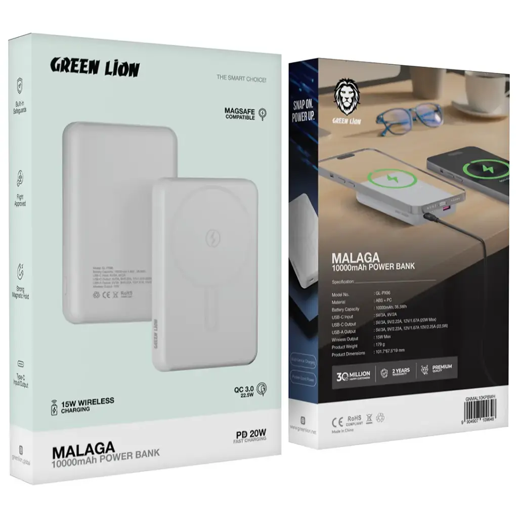 Green Lion Malaga 22.5W fast charging power bank compact design
