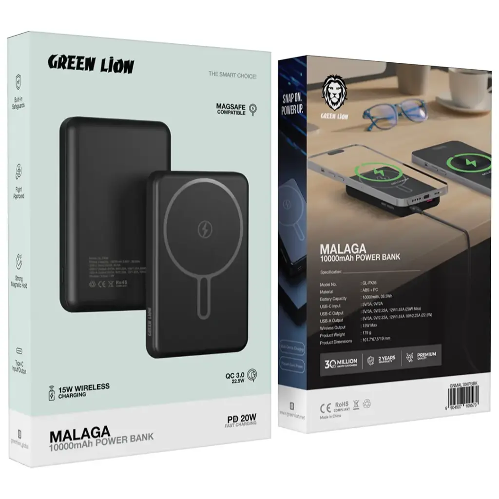 Green Lion Malaga portable charger with MagSafe compatibility
