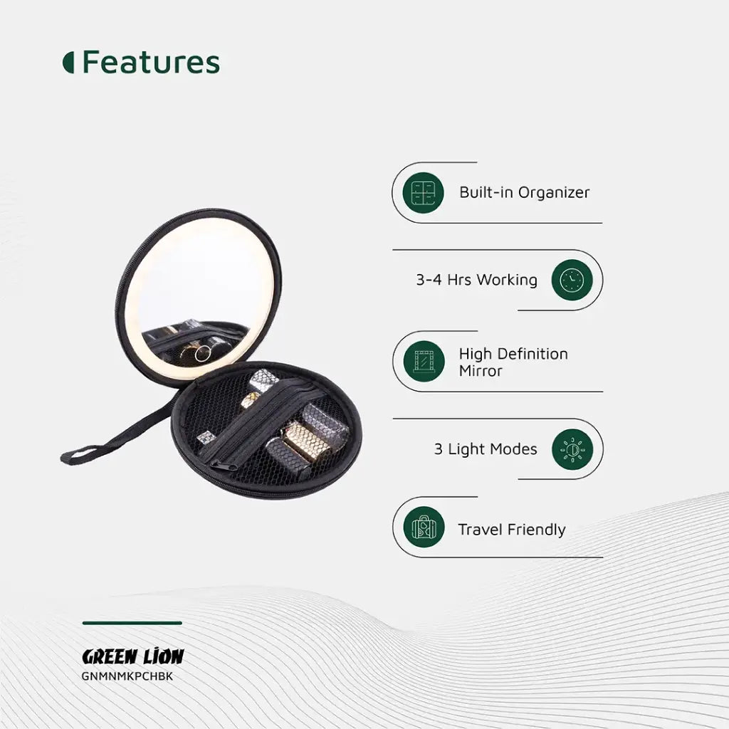 Black cosmetic pouch Green Lion with zipper organizer
