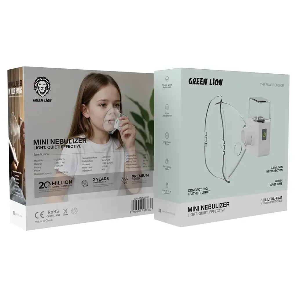 Green Lion mini nebulizer side view with mouthpiece attached