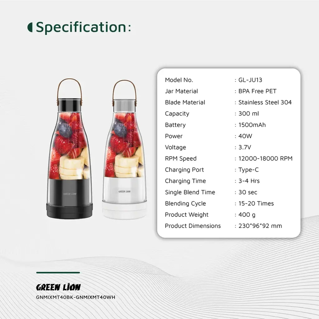 Portable Green Lion Mixmate Juicer in use on a kitchen counter.
