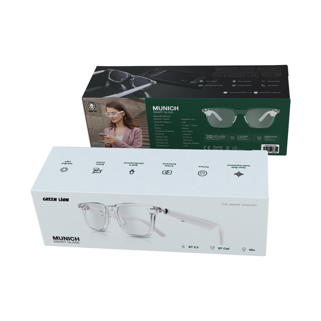 Lightweight Green Lion Munich glasses worn outdoors
