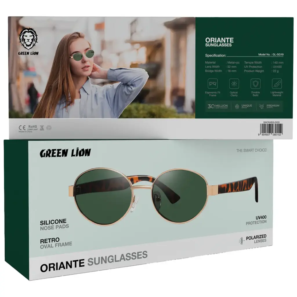 Green Lion Oriante sunglasses worn outdoors in sunlight
