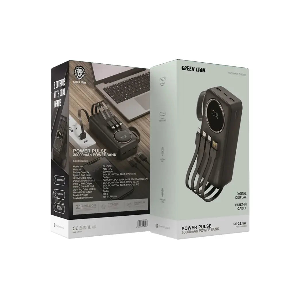 Green Lion Power Pulse built-in Type-C Lightning Micro USB cables detail