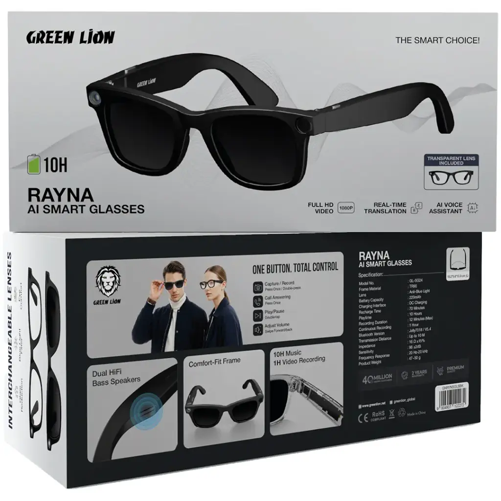 Green Lion Rayna AI smart glasses with camera and speakers
