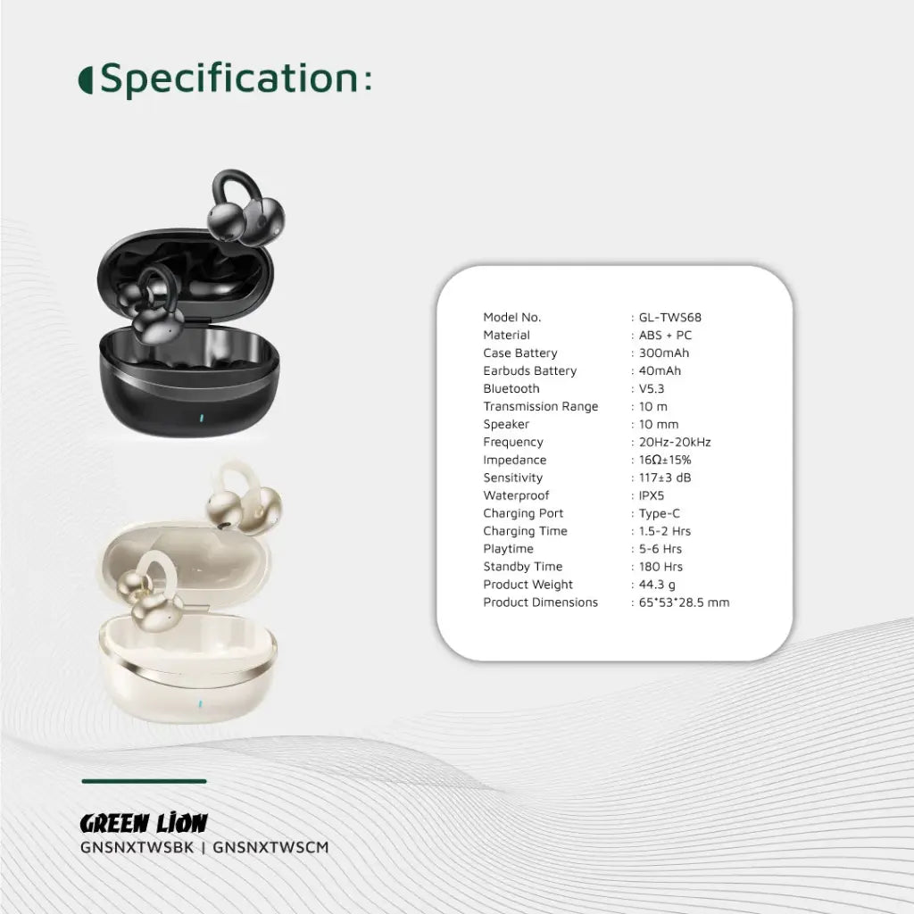 Waterproof clip-on earbuds by Green Lion with Type-C charging
