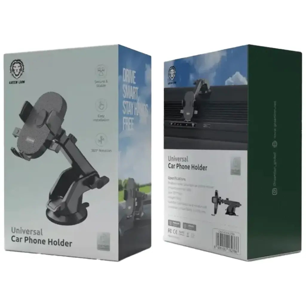 Green Lion car holder mounted on dashboard in car