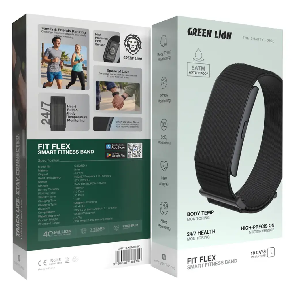 Green Lion Fit Flex Smart Fitness Band – 5ATM Waterproof with 10-Day Battery
