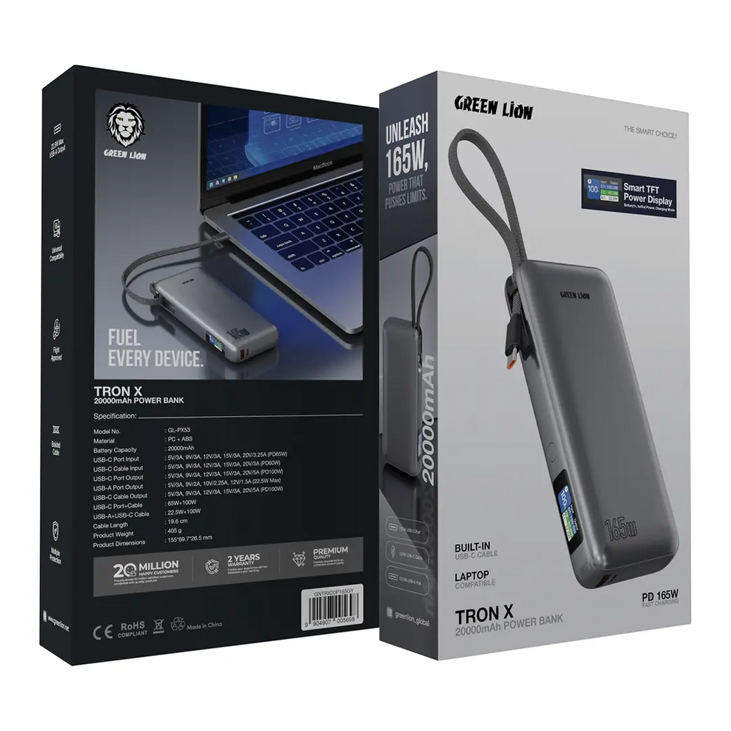 Green Lion Tron X 20000mAh Power Bank ports and cable