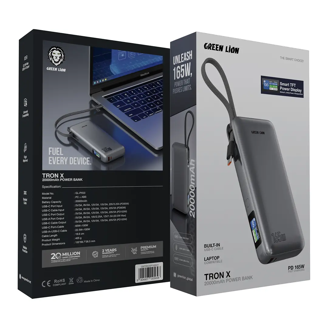 Green Lion Tron X 20000mAh Power Bank ports and cable