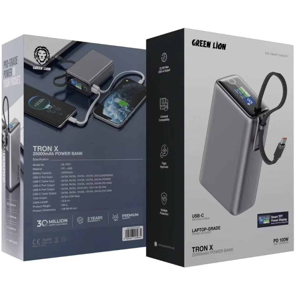 Green Lion Tron X 25000mAh Power Bank built-in cable