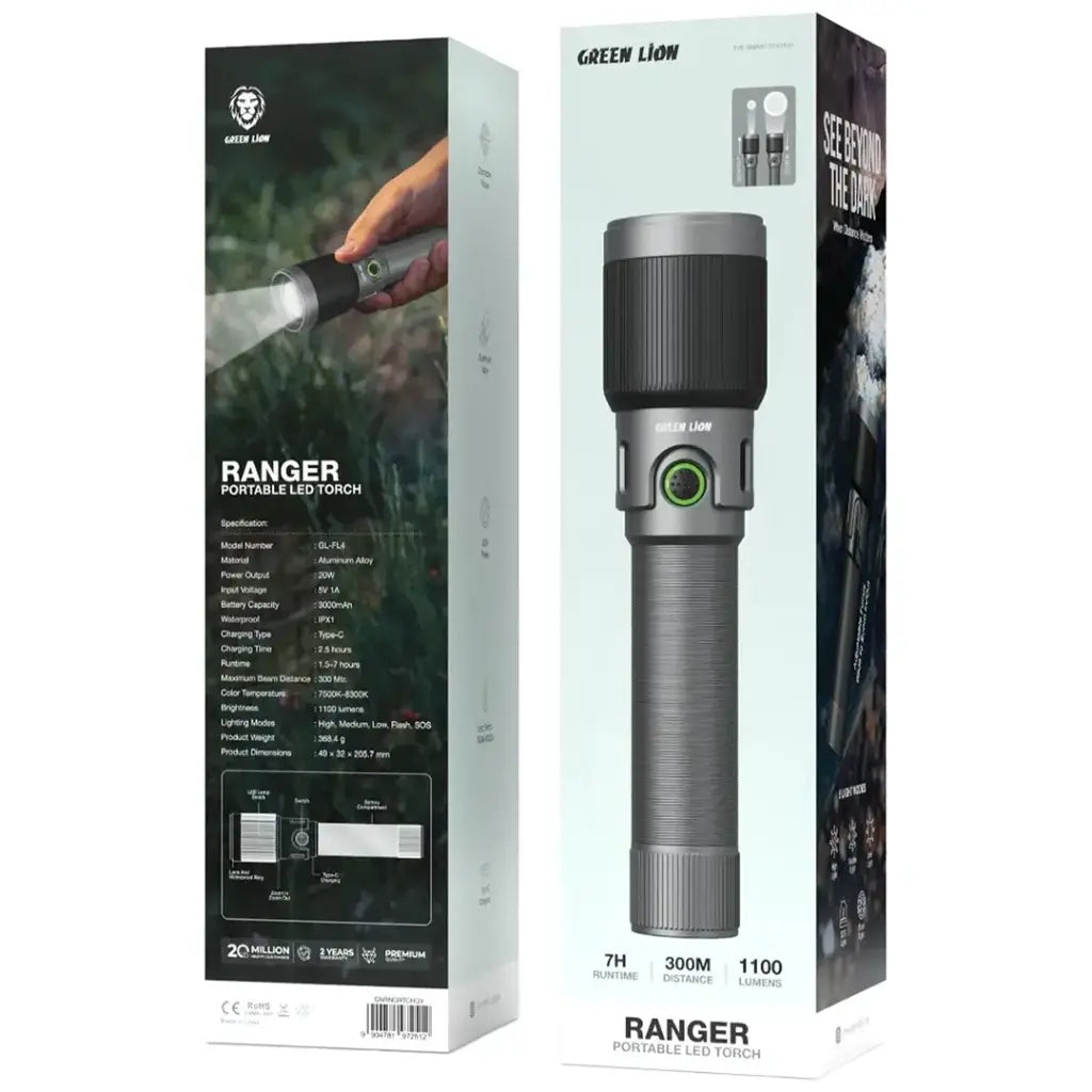 Green Lion Ranger Portable LED Torch - Gray
