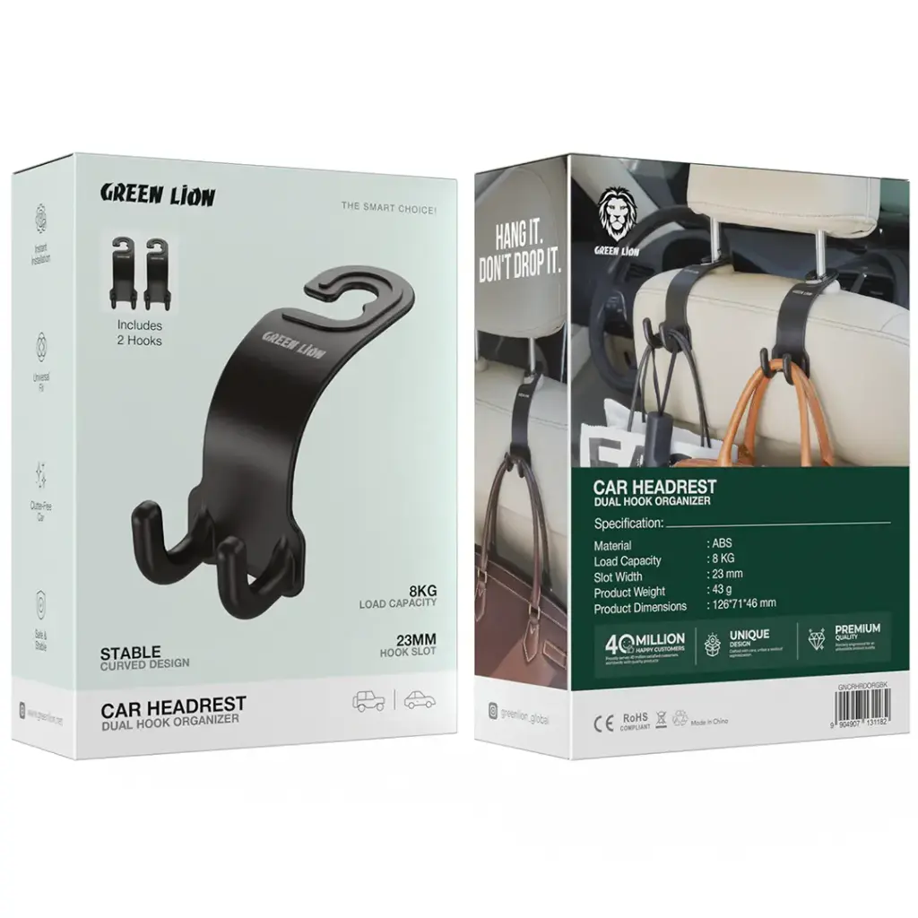 Green Lion Car Headrest Dual Hook Organizer Black