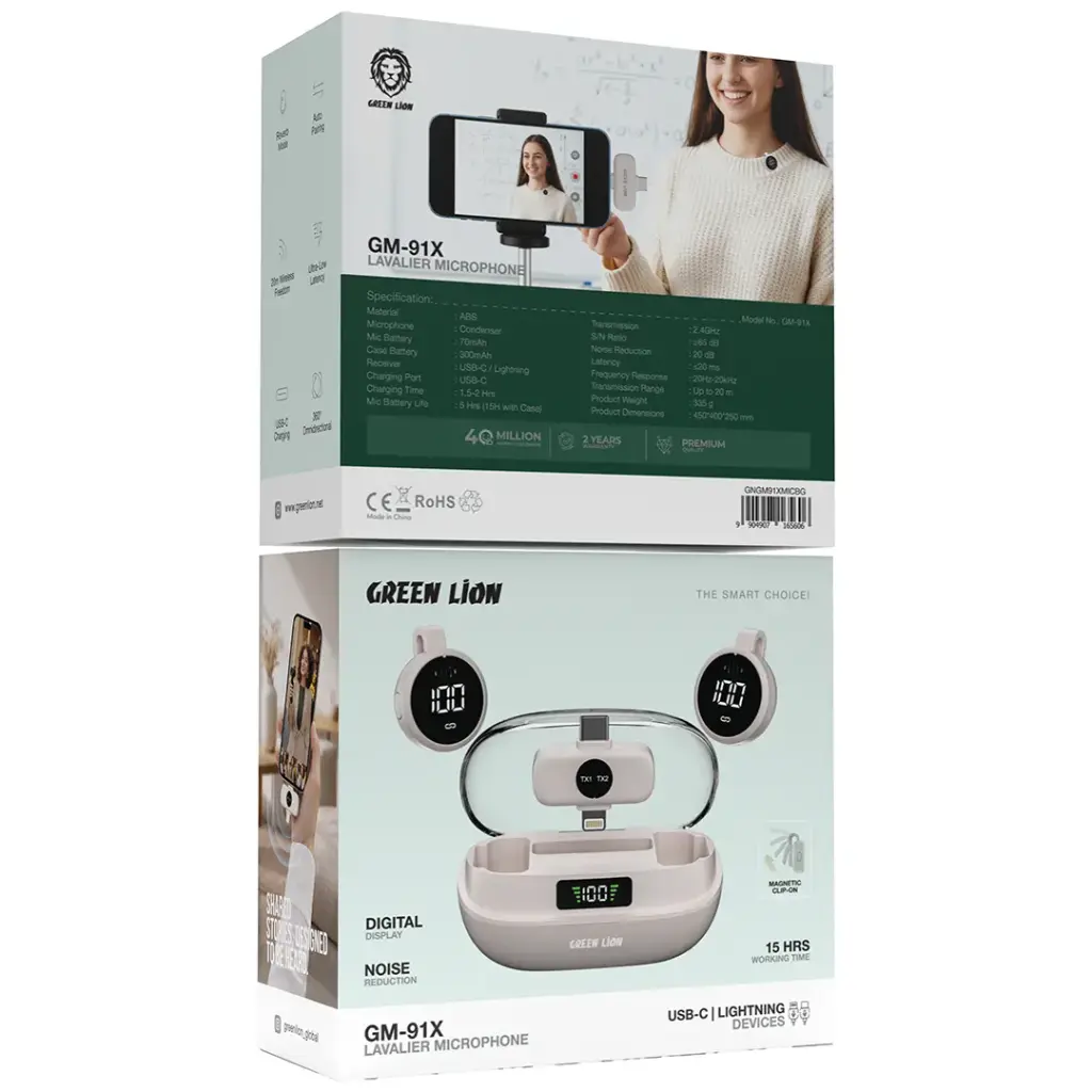 Green Lion GM-91X Lavalier Mic – Charging Case with Display