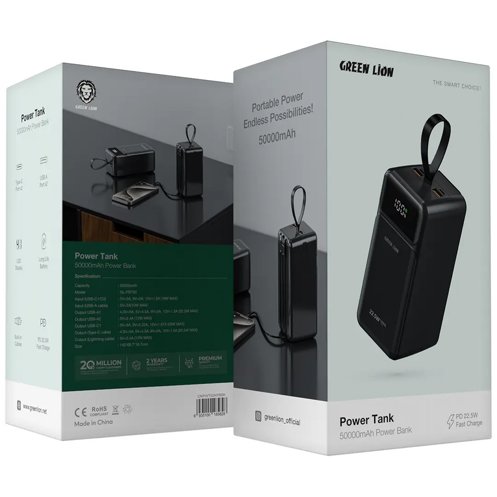 Green Lion Power Tank 50000mAh power bank with built-in cables and display