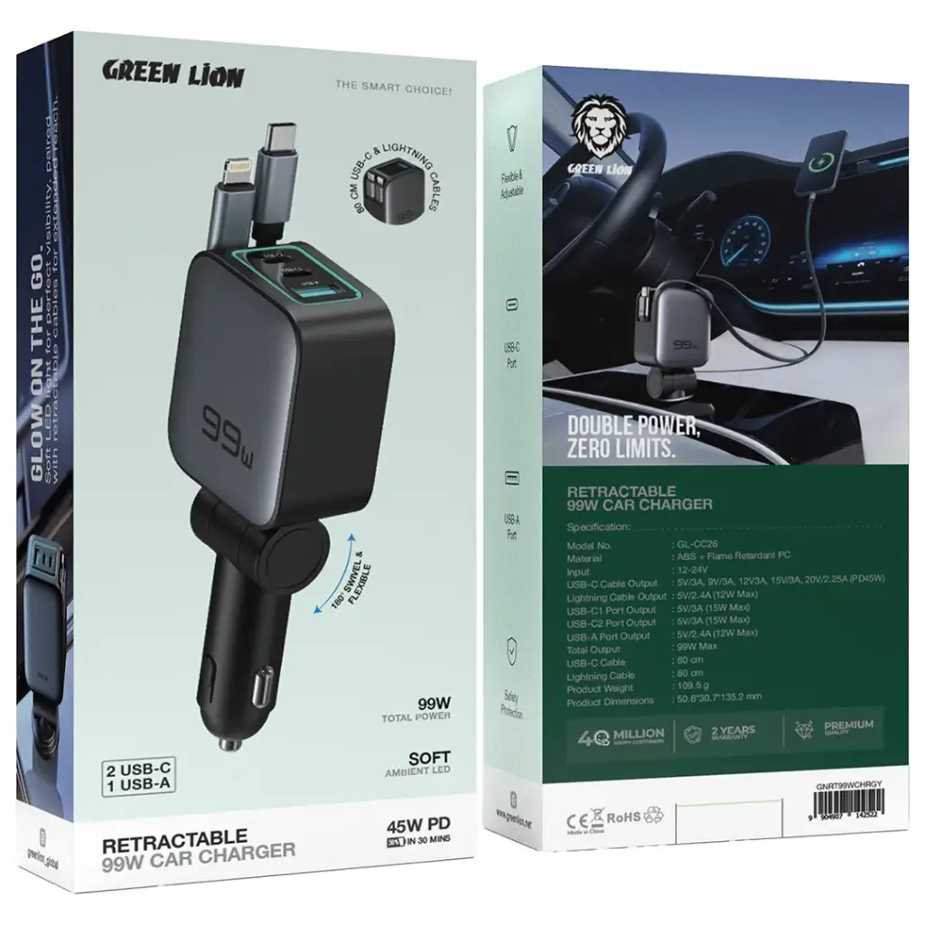 Green Lion Retractable 99W Car Charger Black