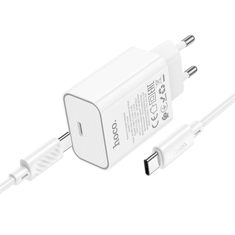 Close-up of HOCO C143A PD20W single-port charger showing sleek and compact design.

