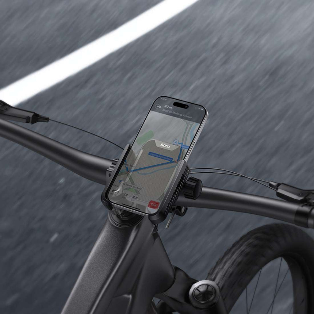 Close-up of HOCO motorcycle phone mount clamp system.
