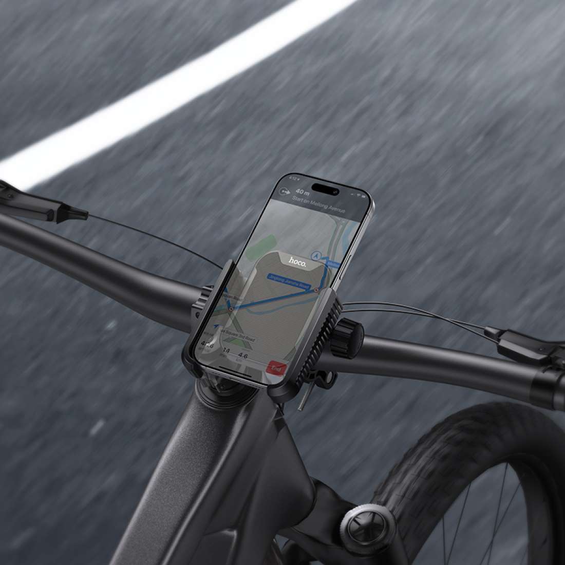 Close-up of HOCO motorcycle phone mount clamp system.
