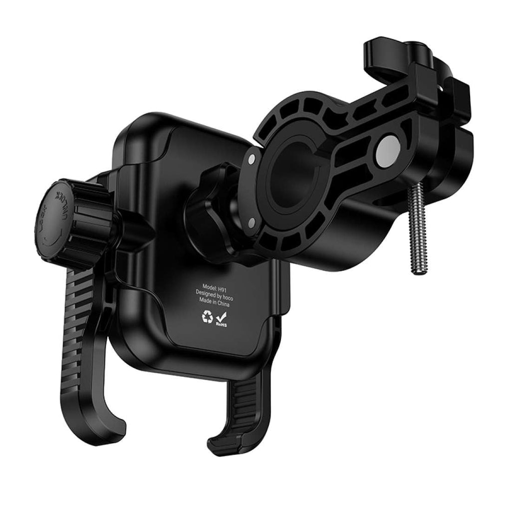 HOCO smartphone holder securely holding phone on bike handlebar.
