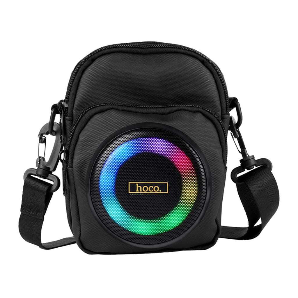 HOCO HC1 crossbody bag style Bluetooth speaker worn on shoulder

