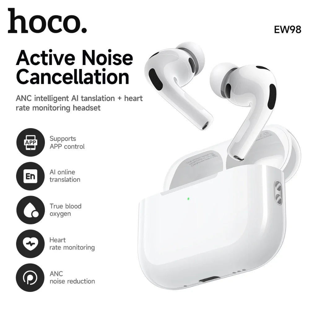 Hoco EW98 earbuds close-up showing 13mm driver and in-ear heart rate monitoring sensor
