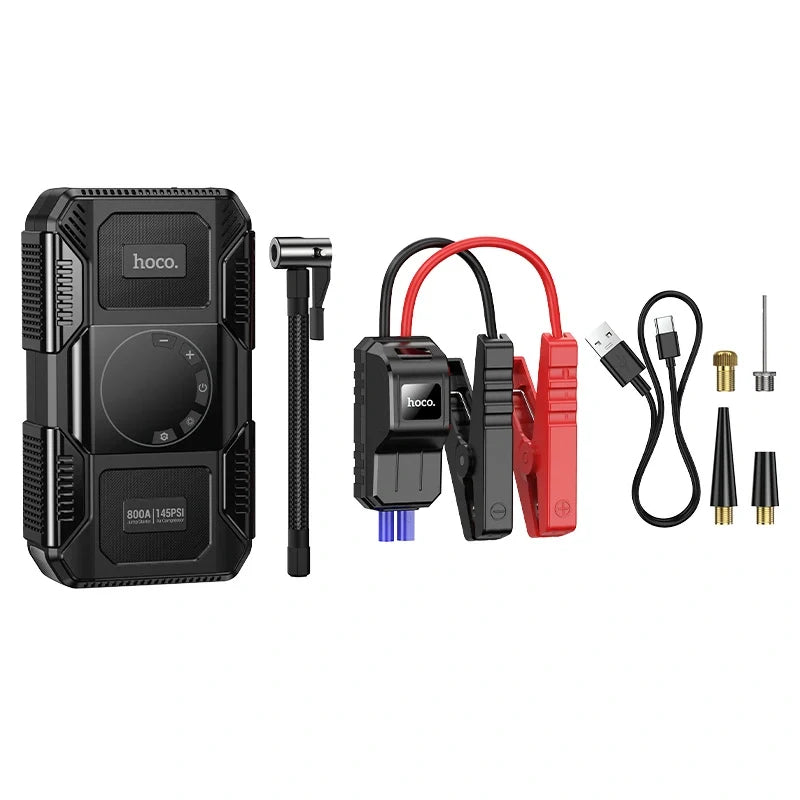 Rechargeable portable air compressor with LED flashlight
