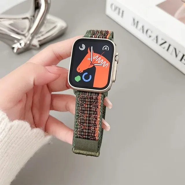 Woven nylon Apple Watch band hook-and-loop closure