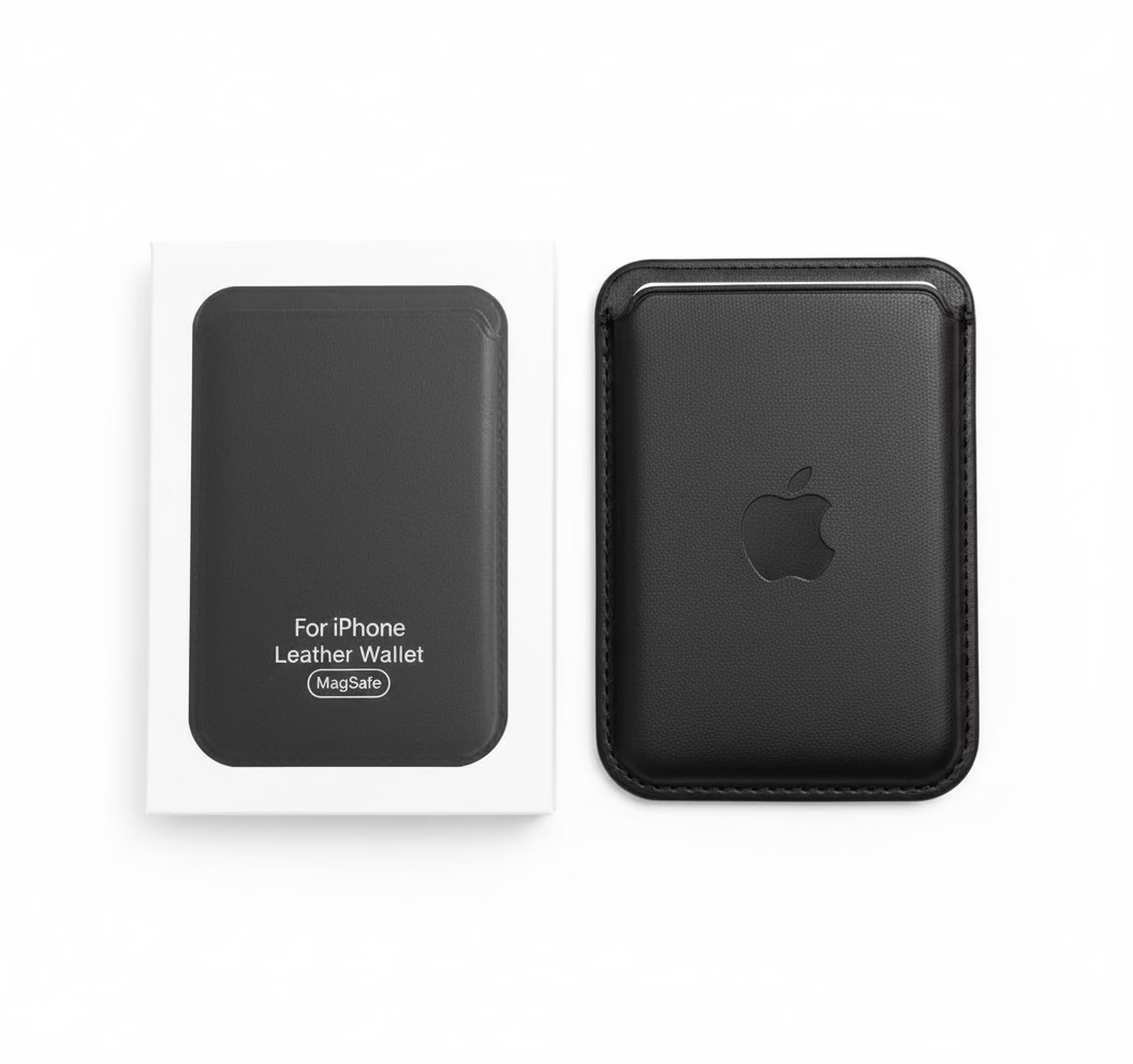 MagSafe Leather Wallet A Version – Tan Color Attached to iPhone
