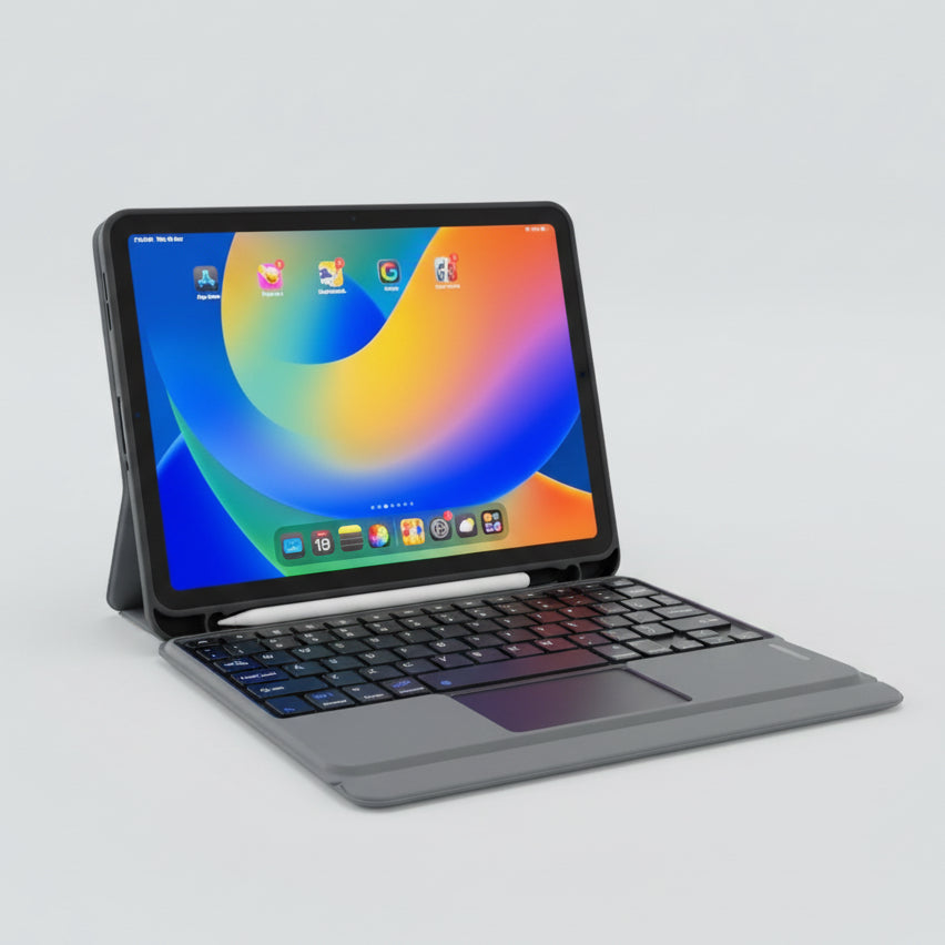 iPad keyboard flip case open in laptop mode showing backlit Bluetooth keyboard and multi-angle stand
