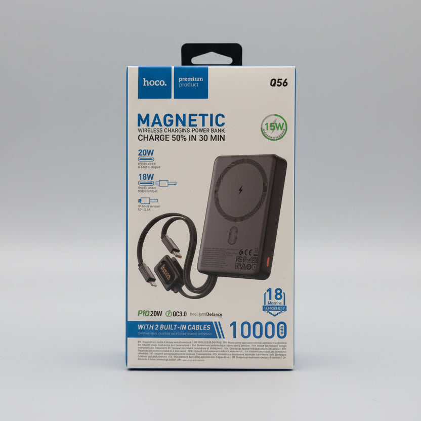 HOCO Q56 Magnetic Wireless Power Bank 10000mAh – 15W MagSafe, 2 Built-in Cables