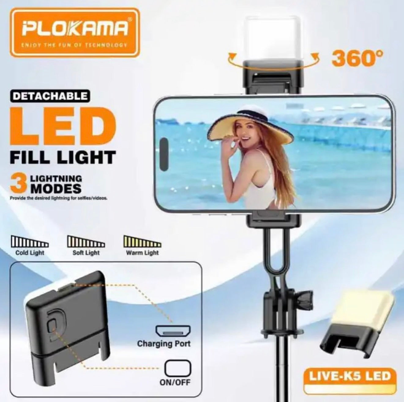 Mini tripod selfie stick with LED light for low light photography
