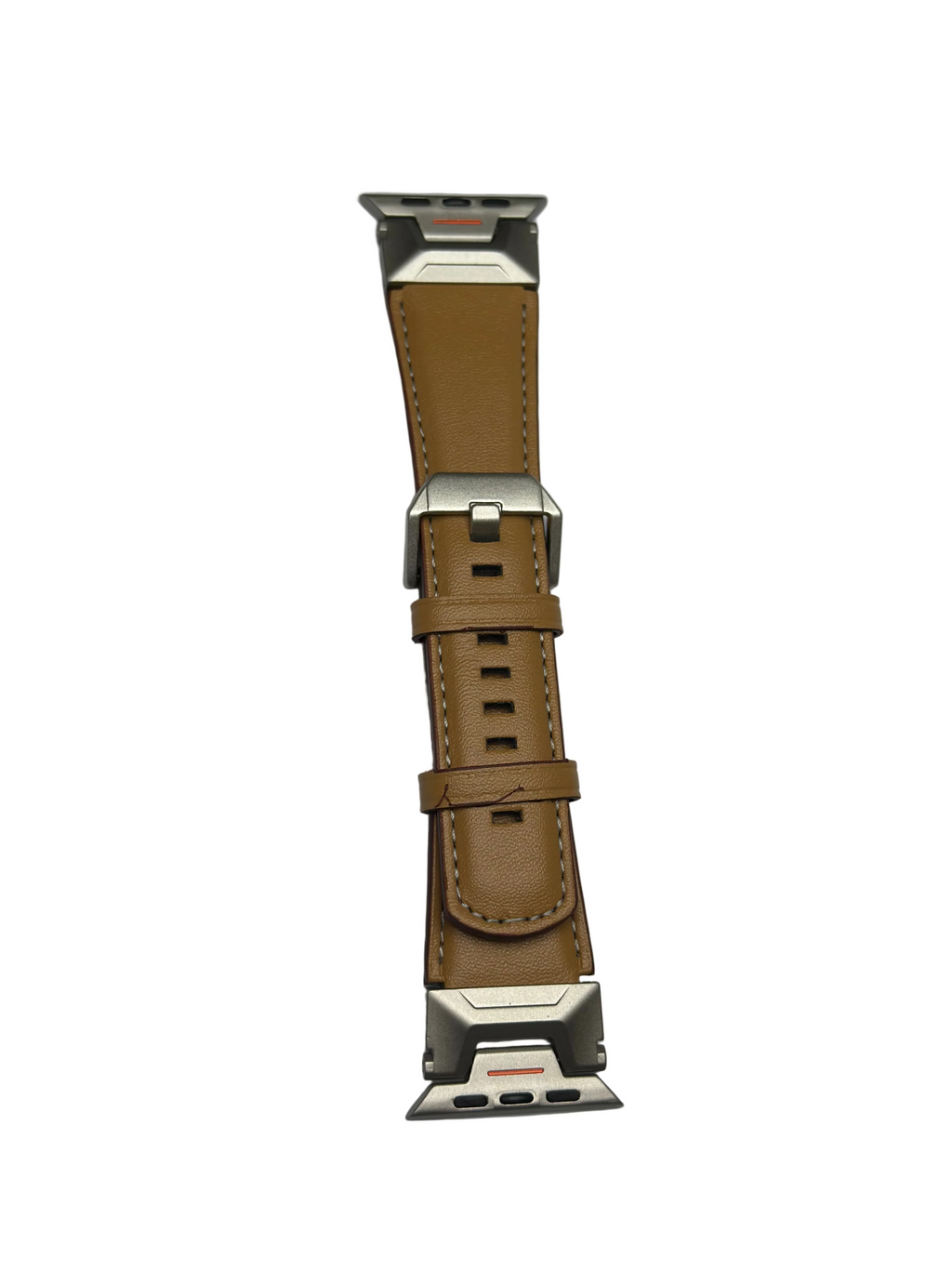 Leather Apple Watch band metal buckle close-up
