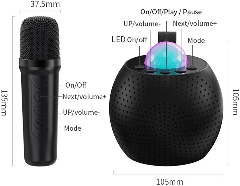 Mini karaoke speaker USB-C charging port and Bluetooth pairing