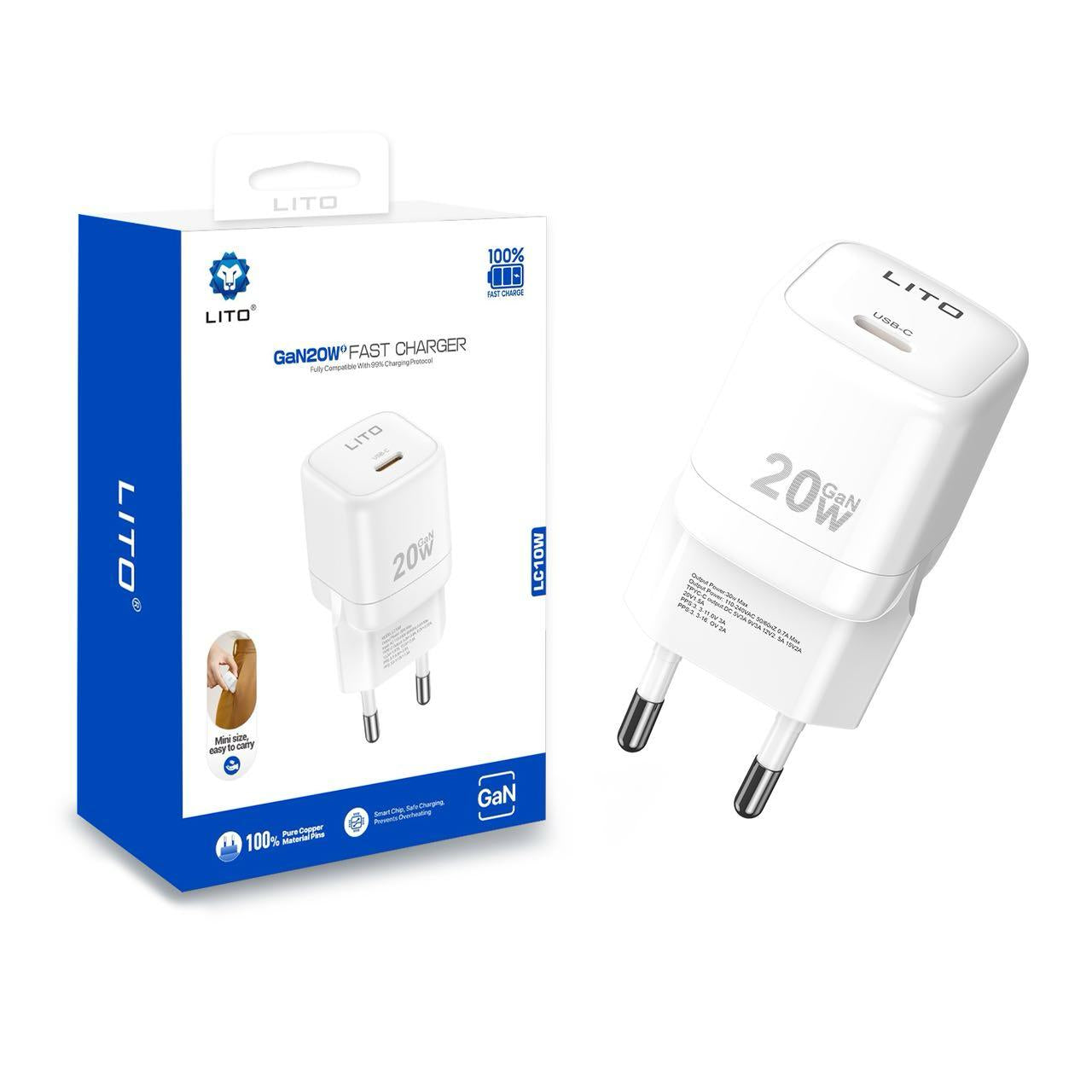 LITO LC10 GaN 20W USB-C charger front view compact white