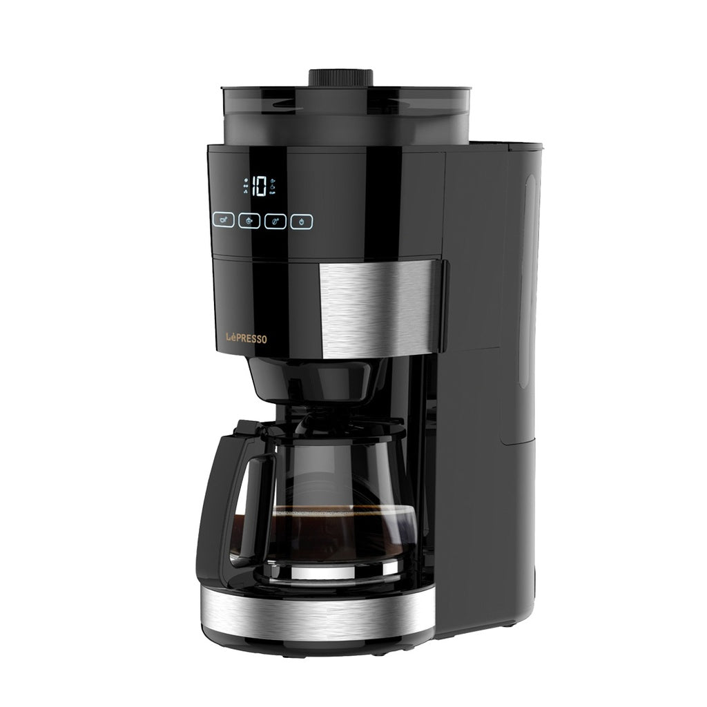 LePresso 1.2L 10-cup grinding coffee machine with warming base in black, front view showing carafe and bean hopper

